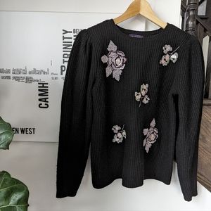 Floral puff shoulder black sweater